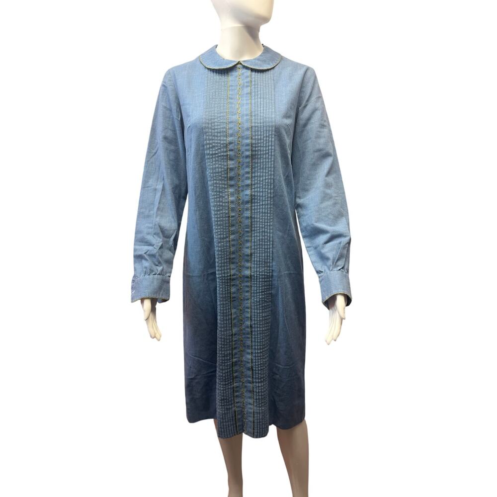 The Villager blue long sleeve vintage shirt dress with embroidered hem/ accents